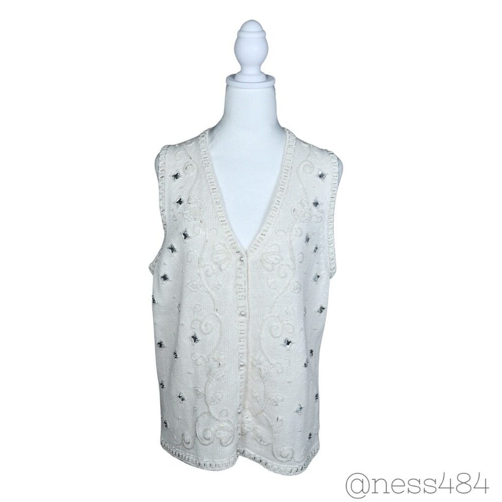 CLAUDIA D VINTAGE Beaded Pearl Sequin V Neck Sleeveless Cardigan Vest‎ Sweater M